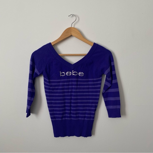 Y2K Retro Purple Striped Plunging Vneck Bebe Sweater Women’s Fitted Small - Picture 2 of 4